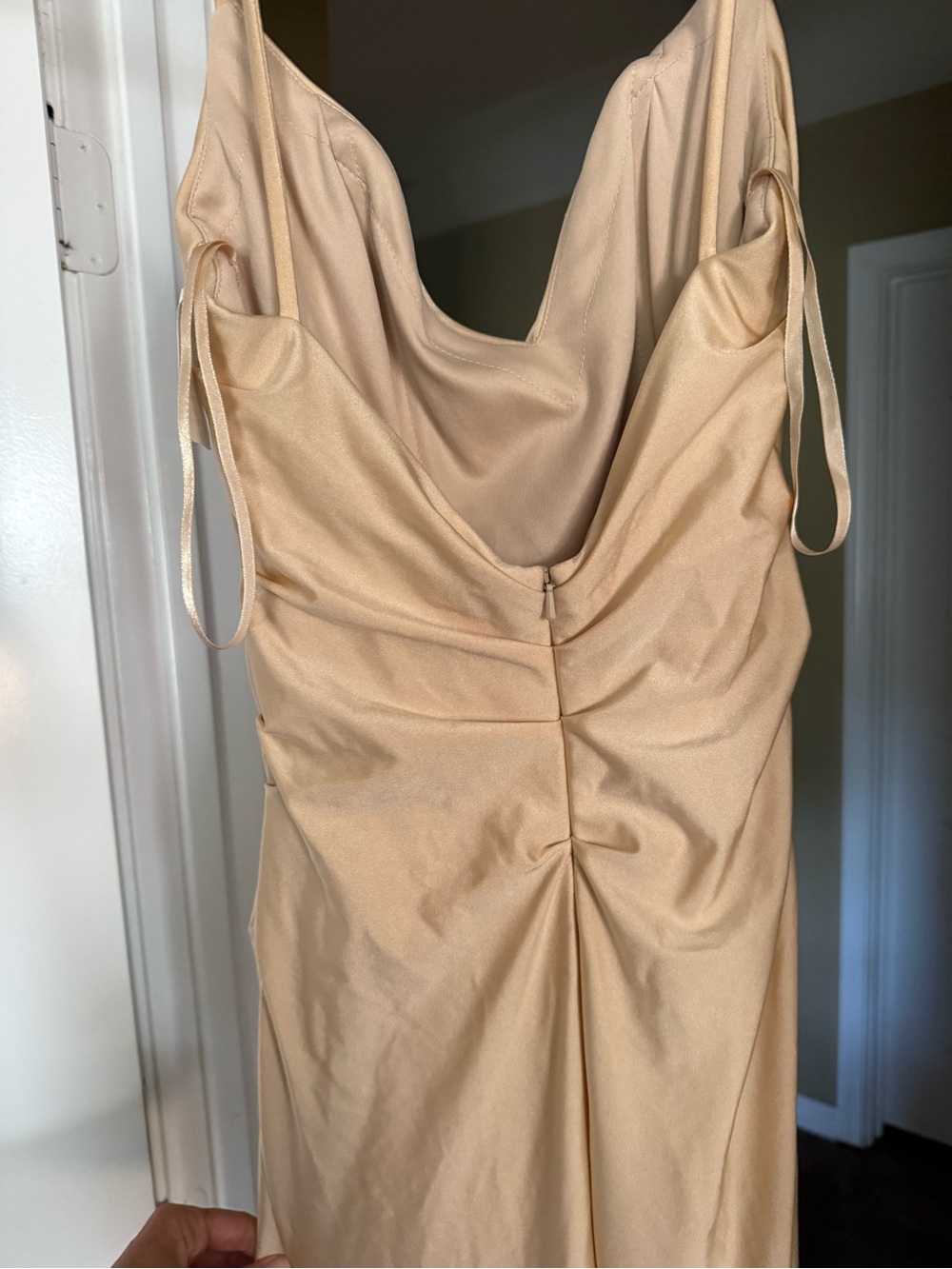 La Femme Champagne Gold Satin Maxi Dress with Thigh Slit - Picture 3 of 4
